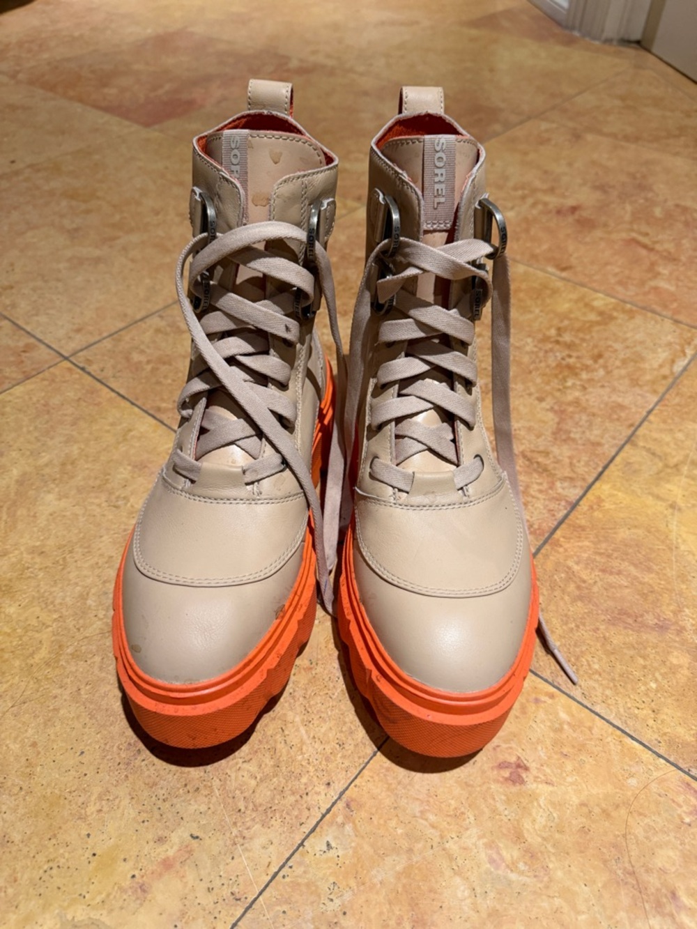 Sorel Men's Beige Leather High-Top Boots with Orange Outsole
